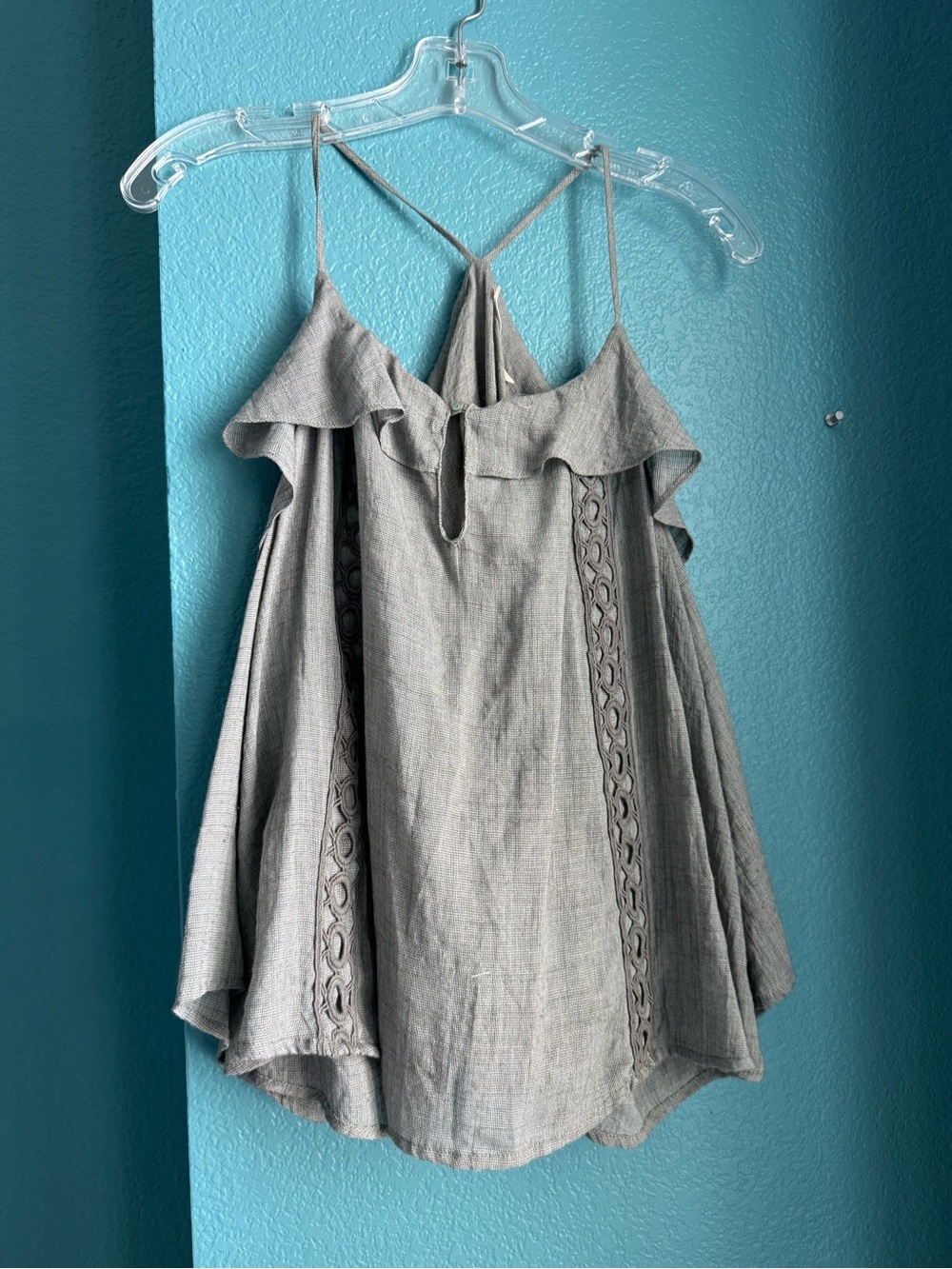 Lush Green/Gray Ruffle Crochet-Trim Camisole/cold shoulder top